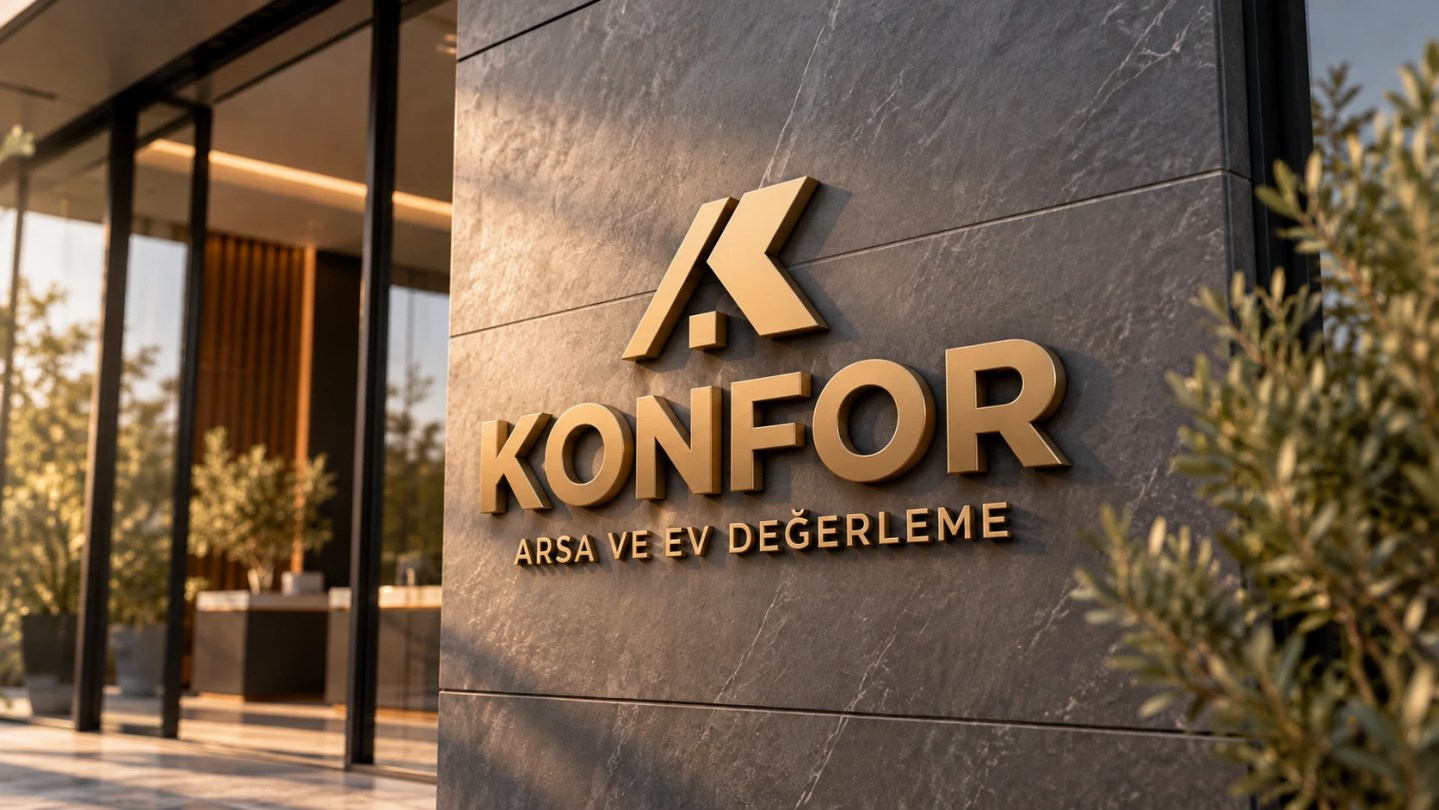 Konfor Arsa ve Ev Değerleme için tasarlanan, modern ofis cephesinde altın renkli üç boyutlu harflerle uygulanan kurumsal emlak logosu