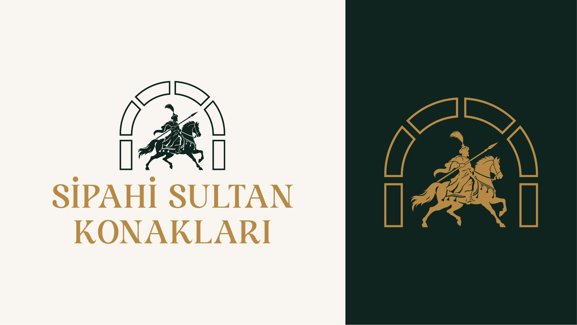 Sipahi Sultan Konakları için kemerli mimari çerçeve içerisinde atlı sipahi figürü kullanılan altın ve koyu yeşil konut sitesi logosu.