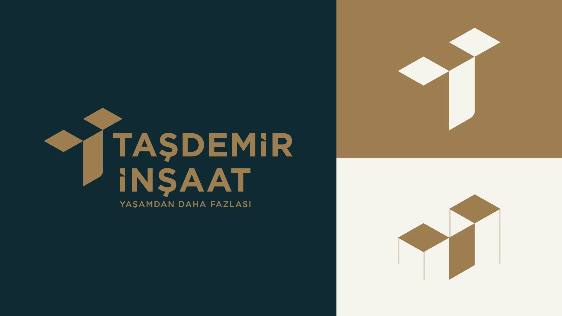 Taşdemir İnşaat için T harfi ve geometrik yapı formlarından oluşturulmuş altın renkli minimalist inşaat firması logosu.