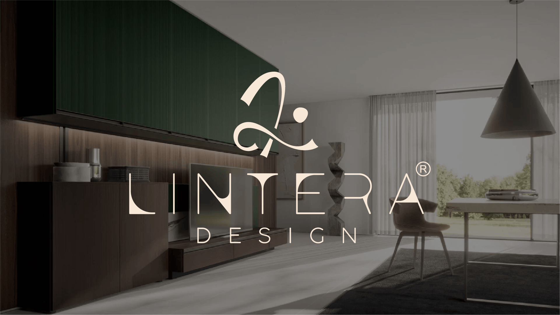 Lintera Design için hazırlanan mimarlık ve iç mekan tasarımı logosunun modern yaşam alanı üzerinde uygulama örneği.