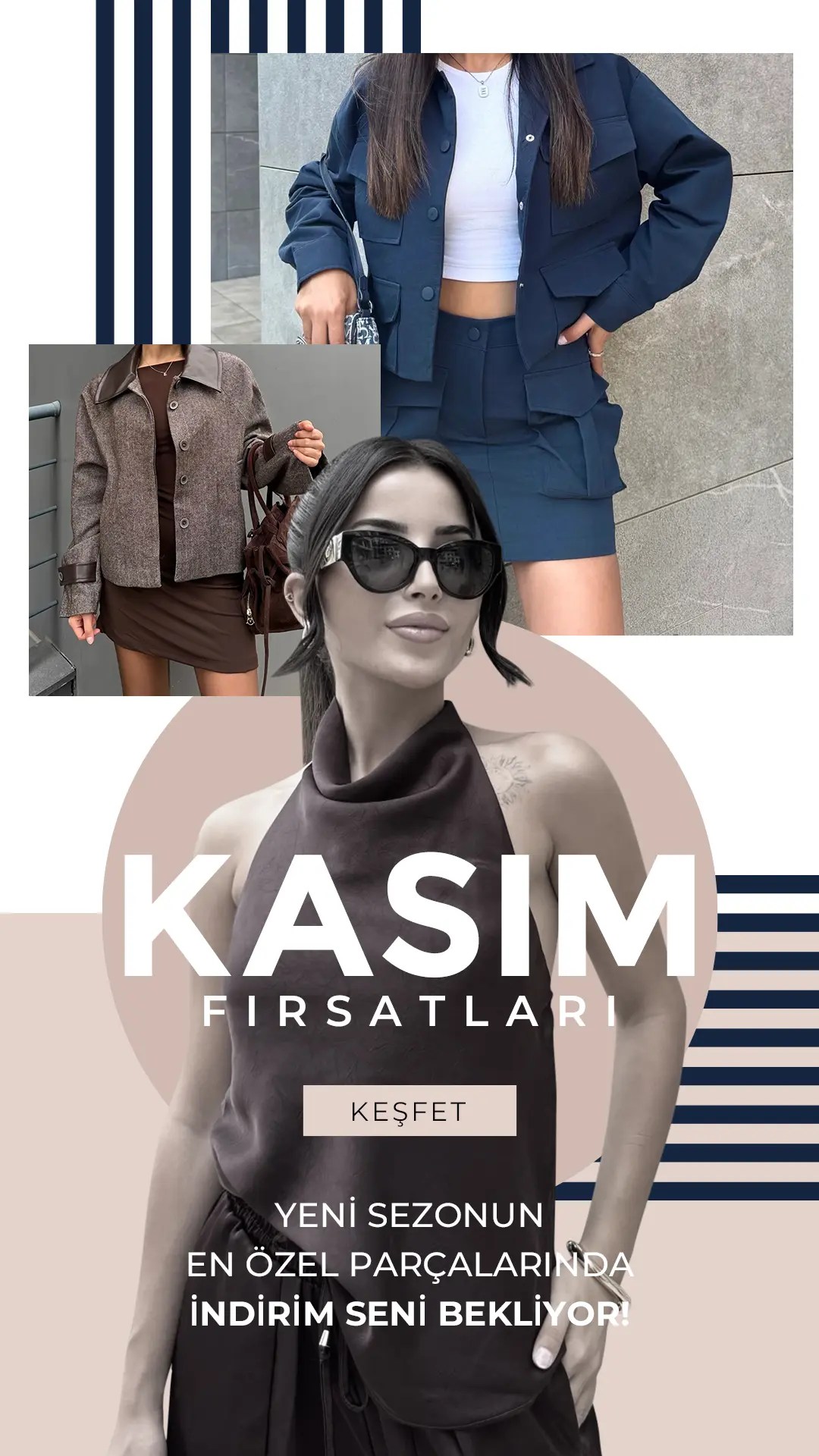 Kadın giyim ürünlerinin yer aldığı, Kasım Fırsatları kampanyasını ve yeni sezon indirimlerini tanıtan yatay e-ticaret banner tasarımı.