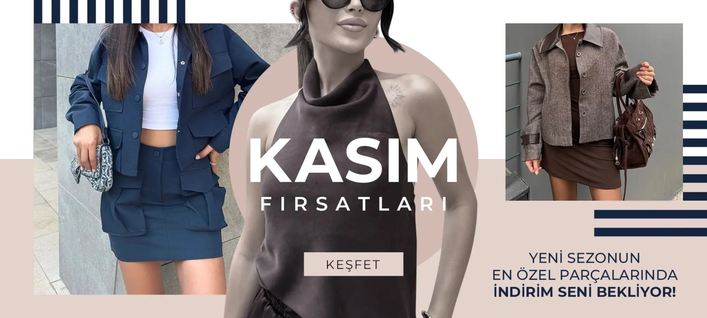 Kasım Fırsatları kampanyasını ve yeni sezon indirimlerini tanıtan yatay e-ticaret banner tasarımı.