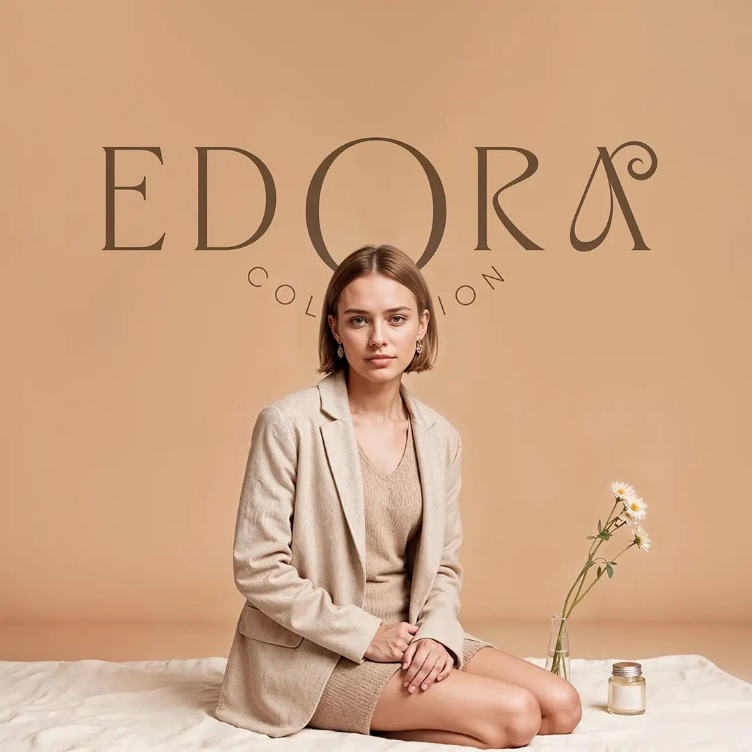 EDORA Collection markası için hazırlanan, bej ceketli kadın modelin yer aldığı, pastel tonlarda minimalist moda tanıtım görseli.