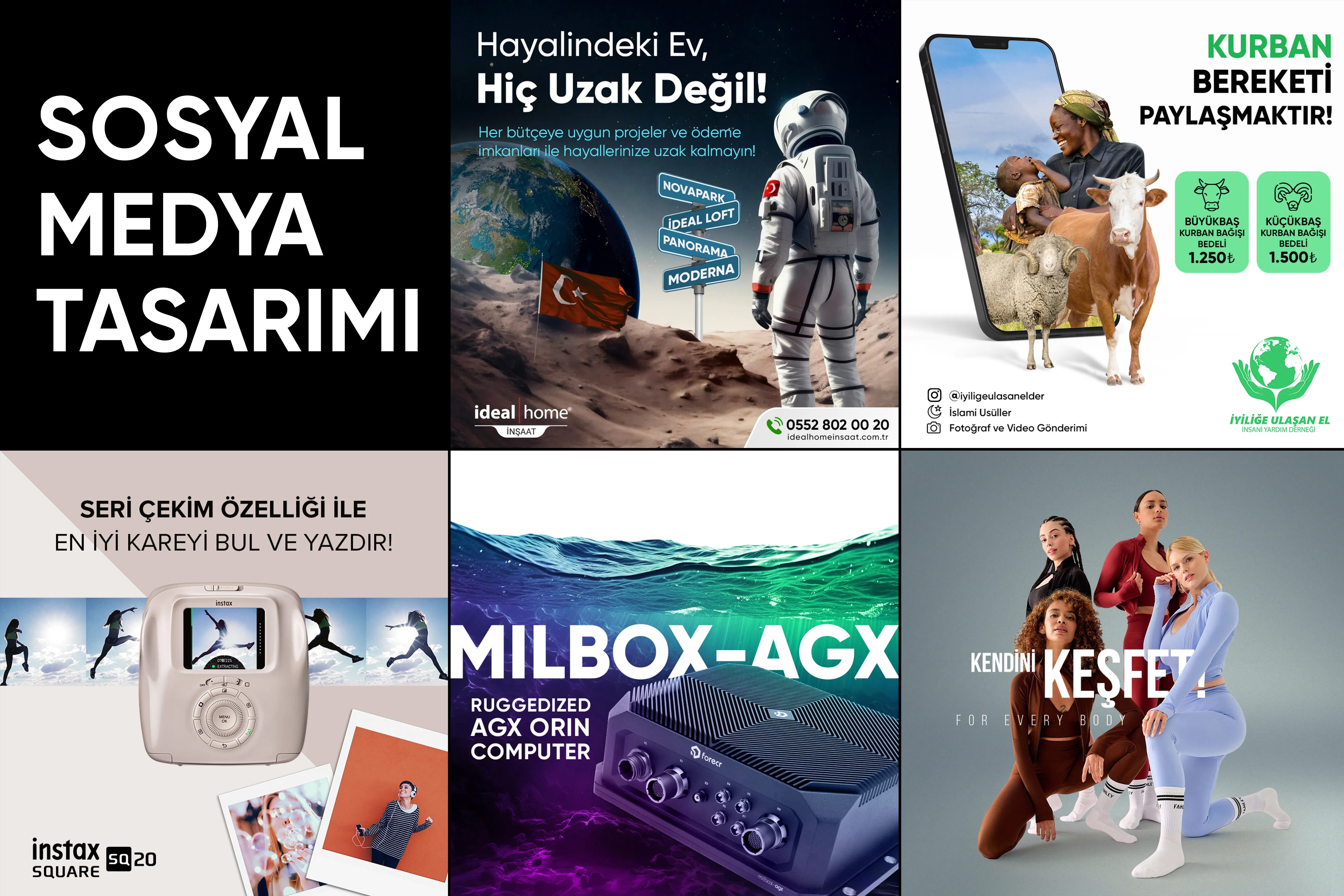 Farklı markalar için hazırlanan Instagram gönderileri, kampanya görselleri ve profesyonel sosyal medya tasarım örnekleri.