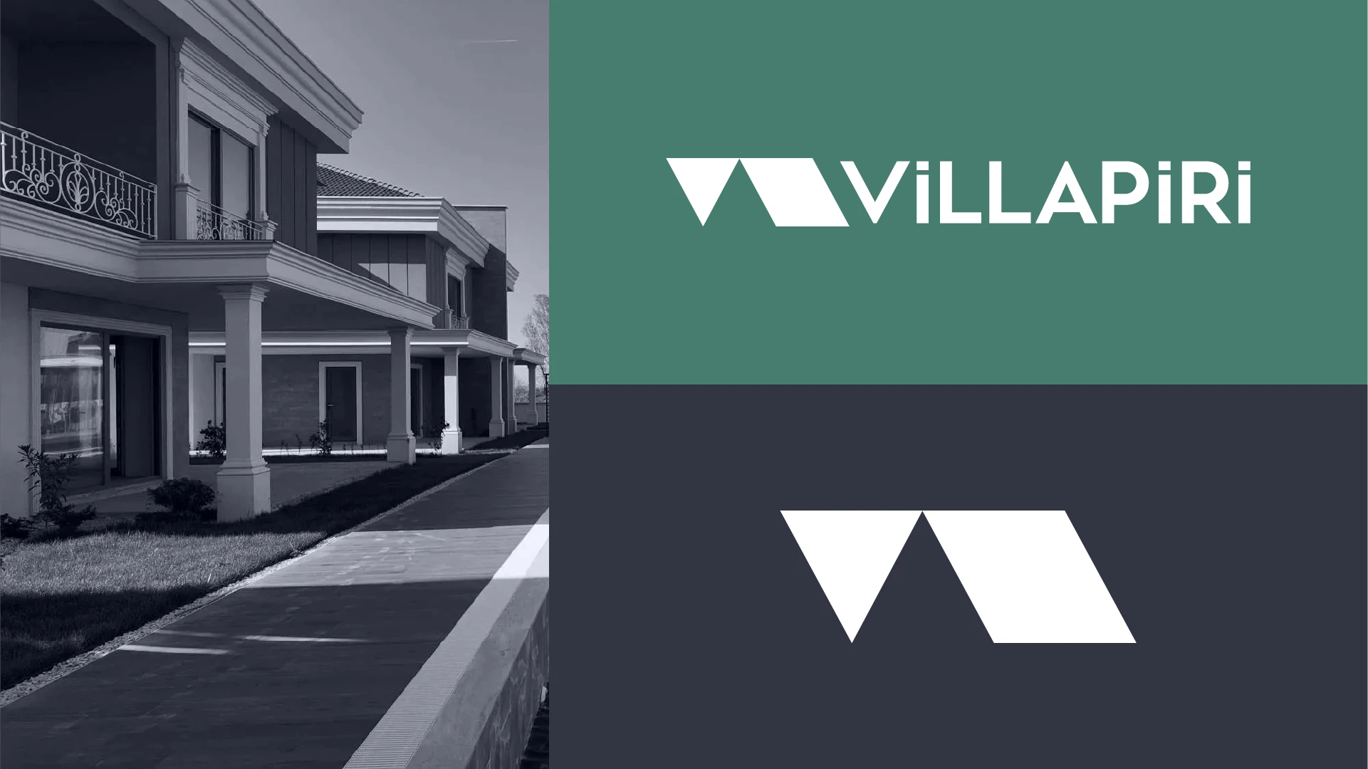 Villapiri villa projesi için hazırlanan, geometrik çatı formundan oluşan yeşil ve beyaz minimalist inşaat logosu.